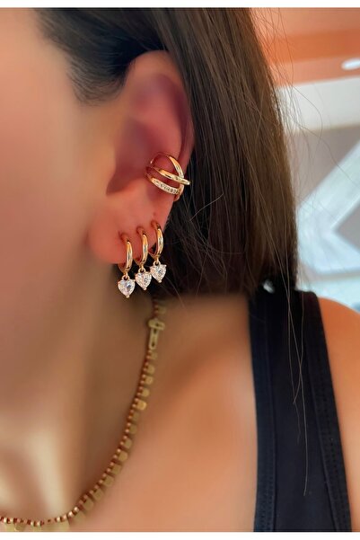 SU PERİSİ TAKI BİJUTERİ Vip Seri Gold Kalpli Sallantılı Çoklu Görünümlü Küpe