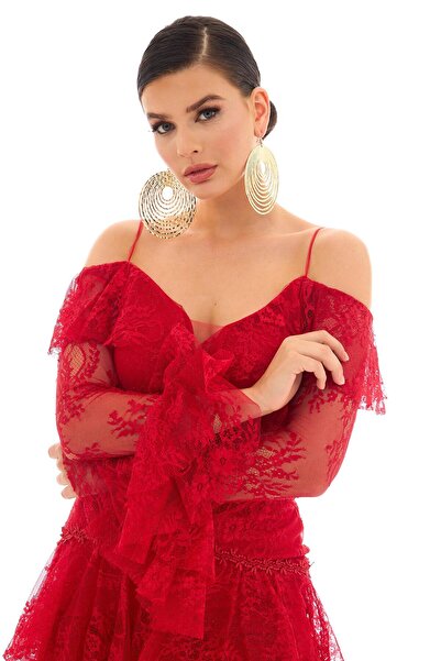 Carmen Kırmızı Dantel Uzun Kol Kısa Abiye Elbise