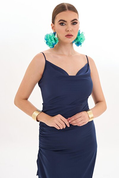 Carmen Lacivert Saten Askılı Degaje Yaka Kısa Abiye Elbise