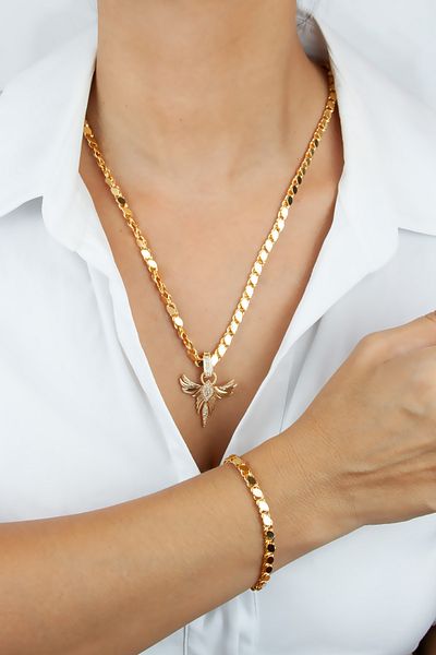 Pridza Barley Chain Gold Pendant Necklace Bracelet Set
