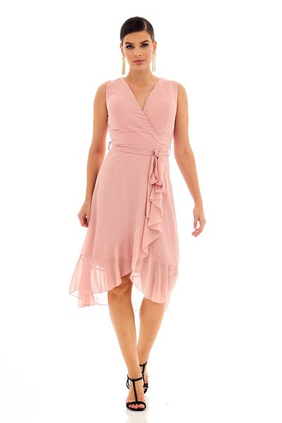 Carmen Short Evening Dress with Powder Chiffon Skirt and Flounces and Ribbons