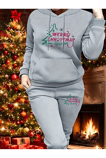 Pink Sky Merry Christmas Printed Sweatshirt Top and Bottom Tracksuit Set