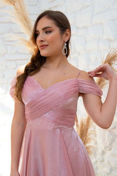 6ixty8ight Carmen Powder Organza Low Sleeve Short Evening Dress