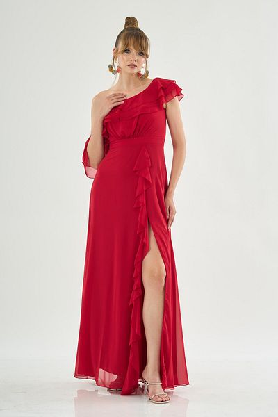Carmen Red Chiffon Shoulder Flounce Slit Evening Dress