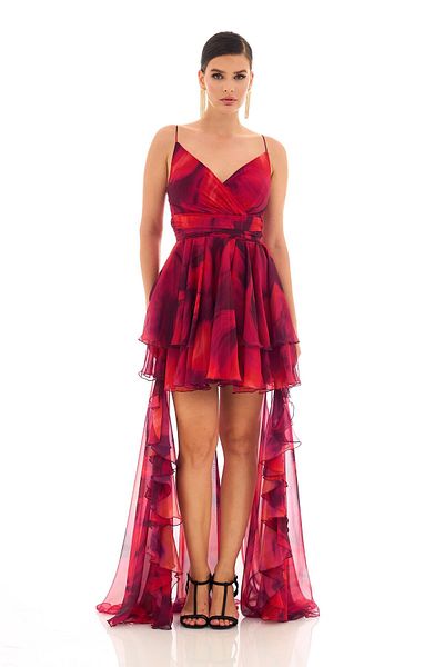 Carmen Langes Abendkleid mit Fuchsia-Print und kurzen Trägern vorne