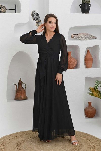 Carmen Βραδινό φόρεμα μαύρο σιφόν με διπλό στήθος