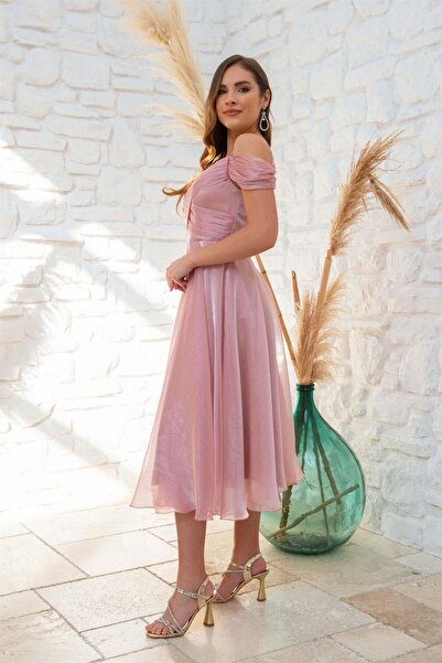 6ixty8ight Carmen Pudra Organze Düşük Kol Kısa Abiye Elbise