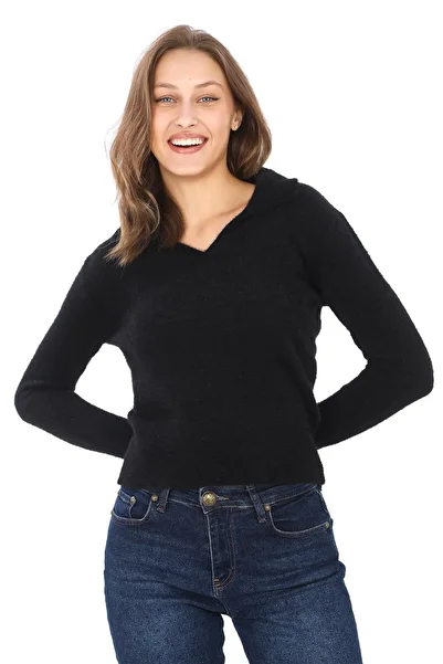 penyebizden V-Neck Soft Bearded Sweater-Black
