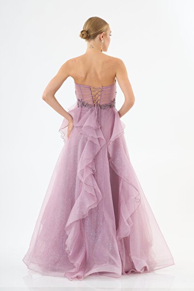 Carmen Sukienka ślubna z tiulu z brokatem lawendowym, wiązana na plecach, bez ramiączek