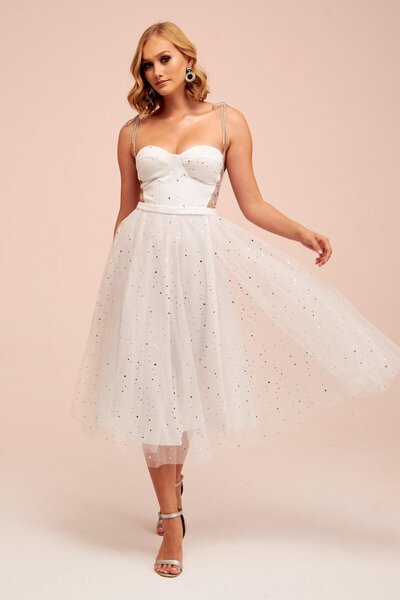 Carmen Ekru Tül Askılı Yıldızlı Prenses Midi Nikah Elbisesi