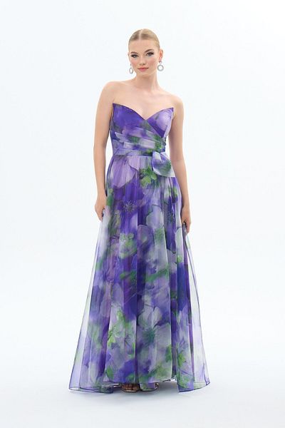 Carmen Strapless Purple Chiffon Evening Dress - Printed