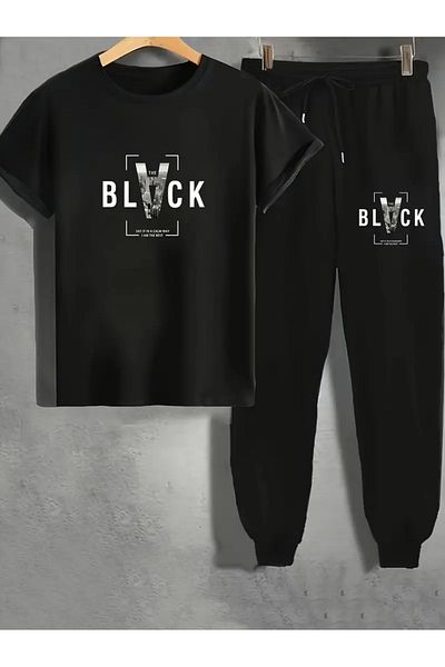 Pink Sky Black Printed T-Shirt - Jogger T-Shirt Crew Neck Bottom Top Tracksuit Set
