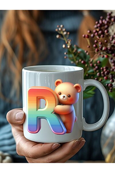 Evion Ayıcıklı Harf Şeklinde Kişiye Özel 3 Boyutlu Tasarım Seramik Kupa Mug - Hediyelik Kupa Bardak