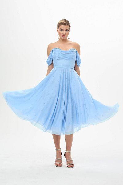 Carmen Blaues Chiffon-Verlobungskleid mit Perlenstickerei