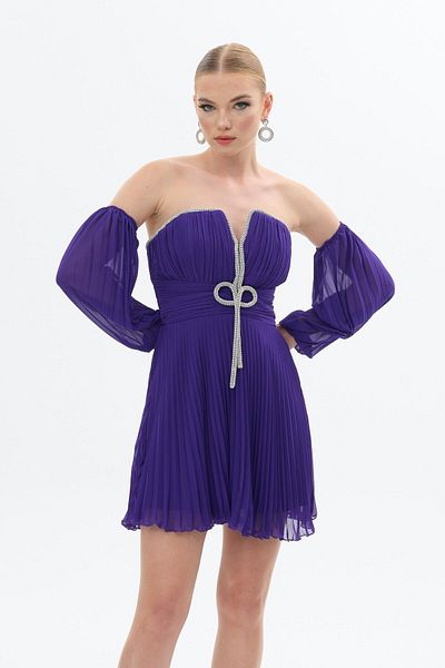 Carmen Rochie de seara din sifon mov cu bijuterii fara bretele