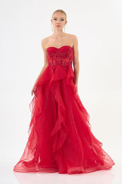 Carmen Red Glitter Tulle Embroidered Back Tie Strapless Engagement