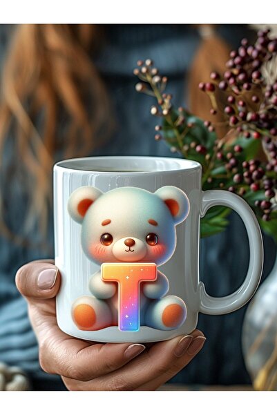 Evion Ayıcıklı Harf Şeklinde Kişiye Özel 3 Boyutlu Tasarım Seramik Kupa Mug - Hediyelik Kupa Bardak