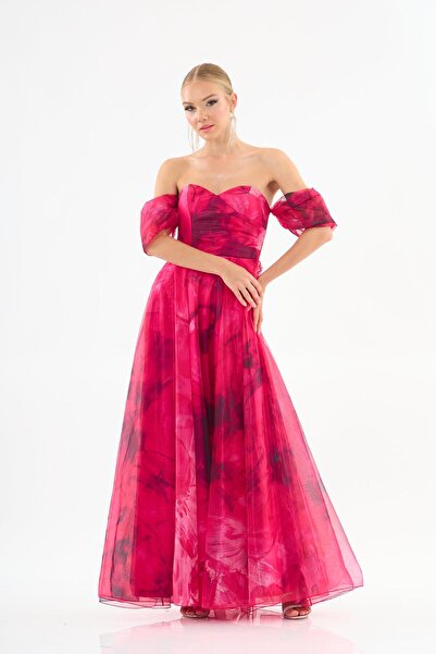 Carmen Fuşya Düşük Kol Empirme Organze Abiye Elbise