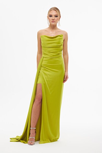 Carmen Pistáciově zelené saténové večerní šaty s rozparkem Cat Ear dress