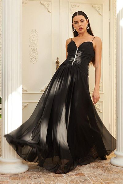 Carmen Stone Detailed Black Chiffon Long Evening Dress and Invitation Dress