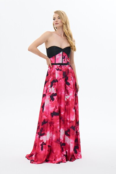 Carmen Fuşya Straplez Empirme Saten Abiye Elbise