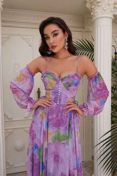 Carmen Lilac Printed Strap Balloon Sleeve Long Evening Dress