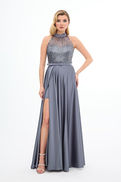 Carmen Gri Taşlı Yırtmaçlı Uzun Saten Abiye Elbise