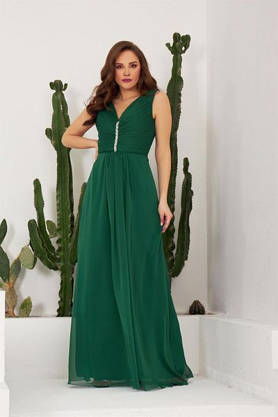 Carmen Emerald Chiffon Μακρύ βραδινό φόρεμα και προσκλητήριο φόρεμα με πέτρινο γιακά