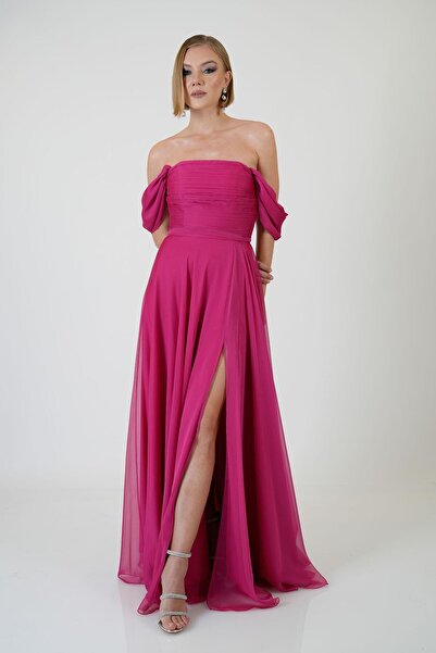 Carmen Fuşya Düşük Kollu Yırtmaçlı Şifon Abiye Elbise
