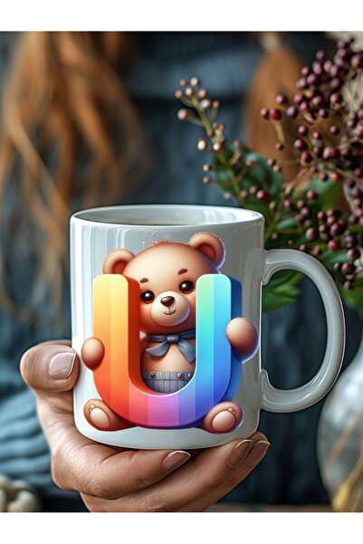 Evion Ayıcıklı Harf Şeklinde Kişiye Özel 3 Boyutlu Tasarım Seramik Kupa Mug - Hediyelik Kupa Bardak