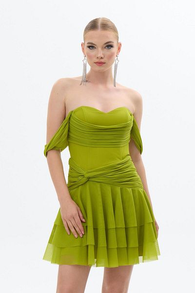 Carmen Peanut Green Low Sleeve Ruffled Chiffon Evening Dress