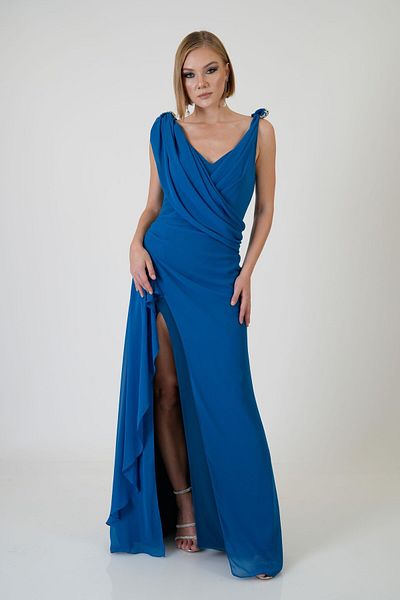 Carmen Langes Abendkleid und Einladungskleid aus Petrol-Chiffon mit Schultersteinen