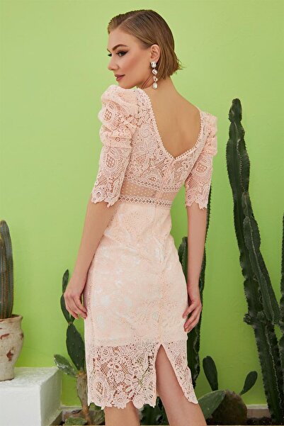 Carmen Pudra Dantel Kolu Volanlı Söz Elbisesi