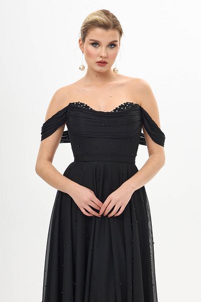 Carmen Rochie de promisiune din șifon brodat cu perle negre