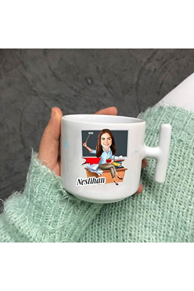 bikups كوب نسكافيه كارتوني مخصص للمعلمين - مقبض على شكل حرف T