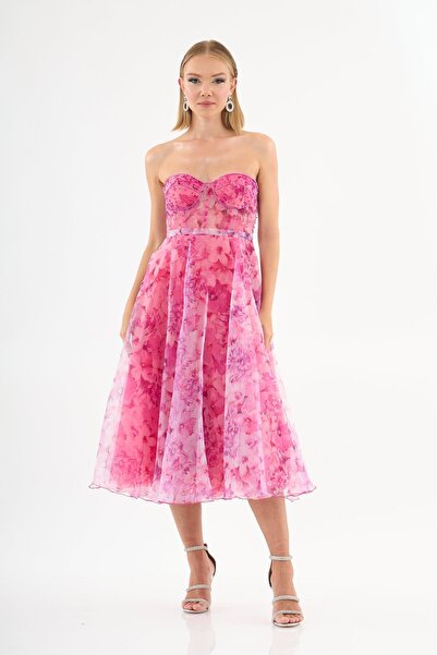 Carmen Fuşya Empirme Straplez Midi Abiye Elbise