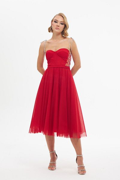 Carmen Rotes Tüll-Stein-Prinzessin-Abschlussballkleid