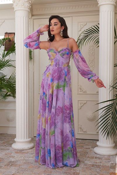 Carmen Lilac Printed Strap Balloon Sleeve Long Evening Dress