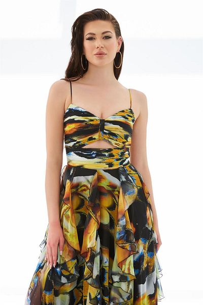 Carmen Orange Printed Long Evening Dress with Belly Low-cut Slit