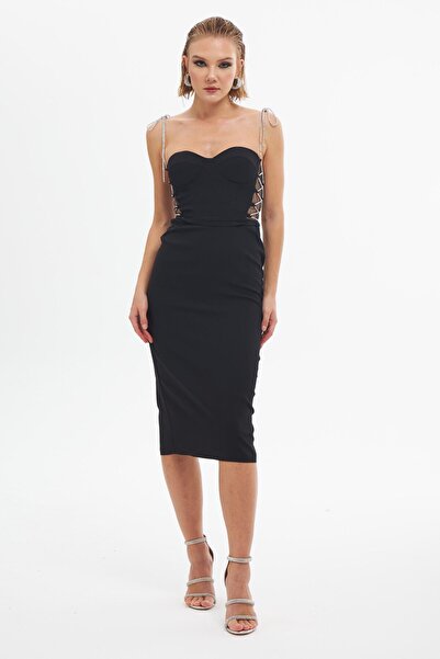Carmen Siyah Taş Bağcıklı Midi Krep Abiye Elbise