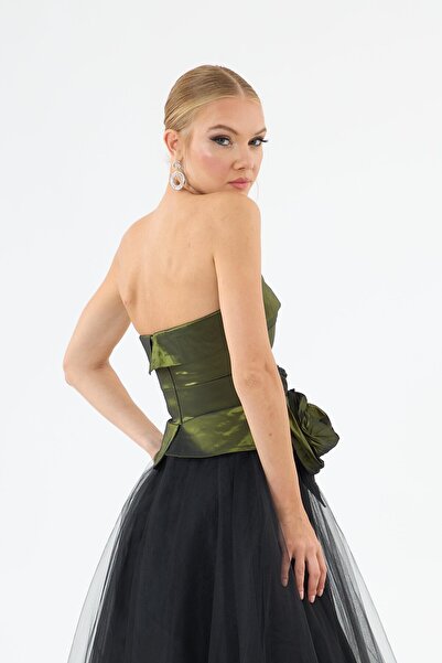 Carmen Yeşil Straplez Güllü Tafta Abiye Elbise