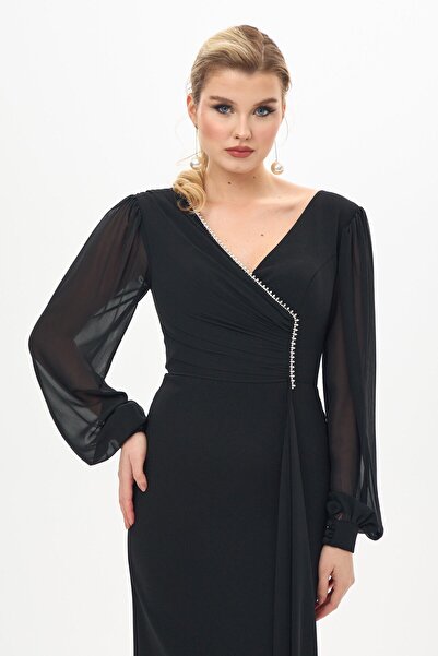 Carmen Černé večerní krepové šaty velké velikosti s dlouhým rukávem