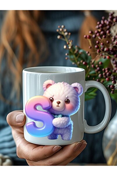 Evion Ayıcıklı Harf Şeklinde Kişiye Özel 3 Boyutlu Tasarım Seramik Kupa Mug - Hediyelik Kupa Bardak
