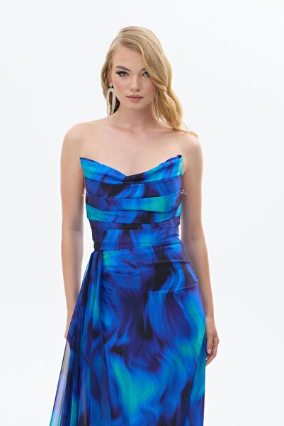 Carmen Saks Empirme Kedi Kulağı Uzun Saten Abiye Elbise