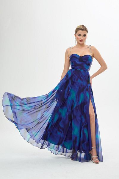 Carmen Saks Laced Slit Printed Evening Dress