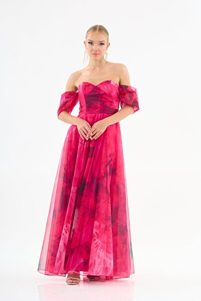 Carmen Fuşya Düşük Kol Empirme Organze Abiye Elbise