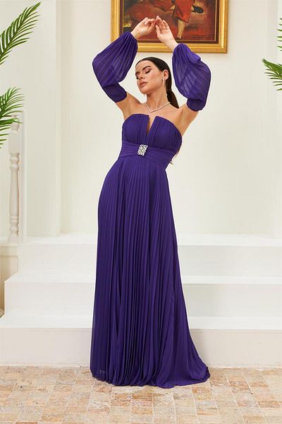 Carmen Purple Chiffon Belt Detailed Long Evening Dress