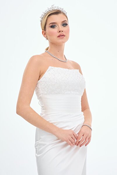 Carmen Ekru Straplez Yırtmaçlı Saten Nikah Elbisesi