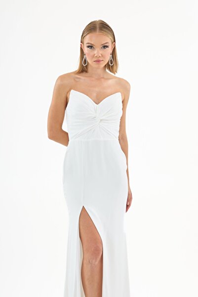 Carmen Ekru Straplez Yırtmaçlı Şifon Nikah Elbisesi