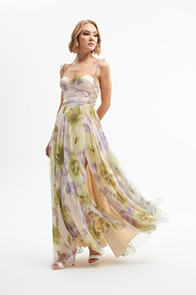 Carmen Fıstık Yeşili Empirme Yırtmaçlı Uzun Abiye Elbise